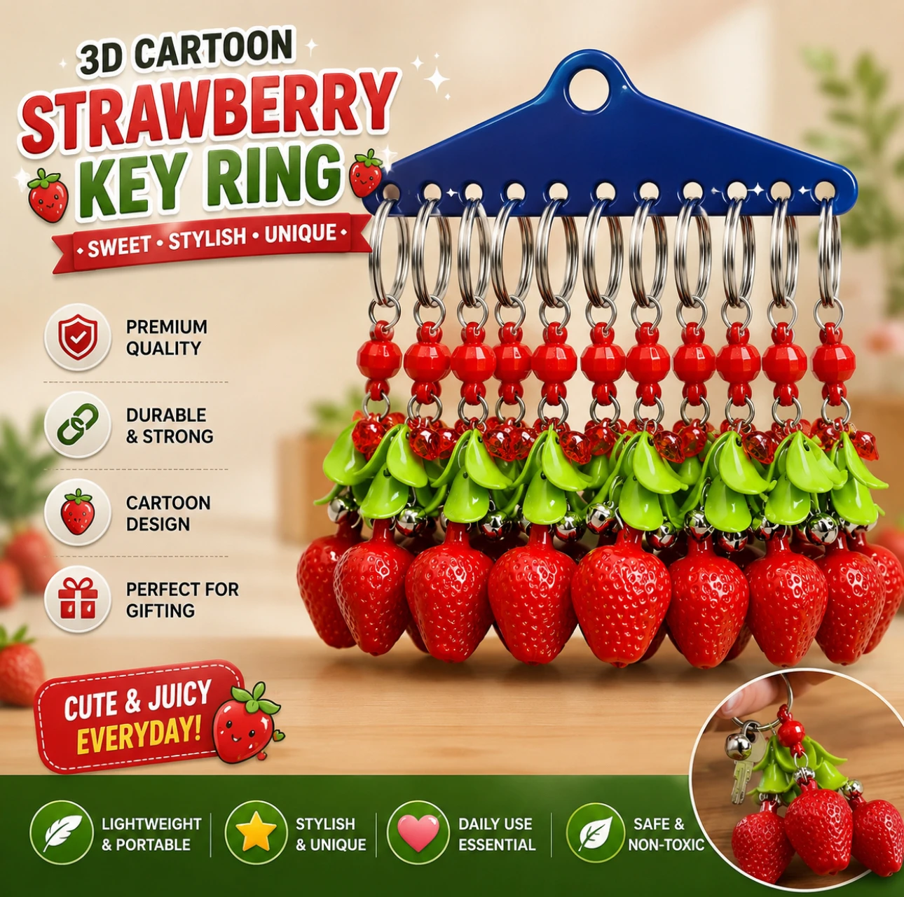 3D Cartoon Strawberry Keychain 🍓