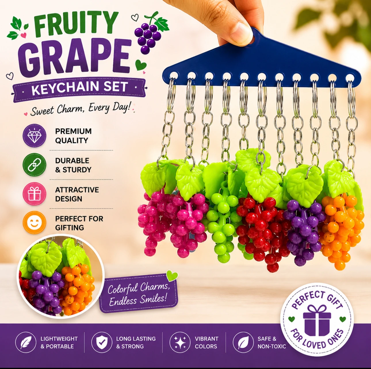 Rainbow Grape Charm Keychain 🍇
