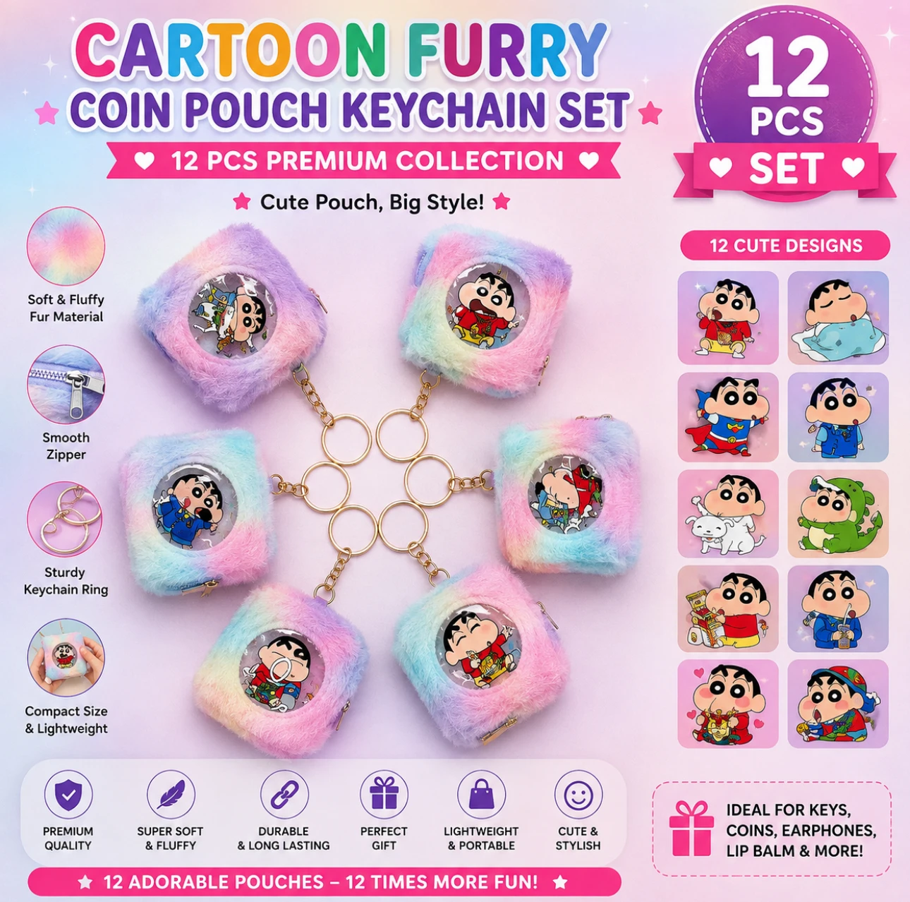 Cute Cartoon Furry Mini Pouch Keychains – 12 Pc Set