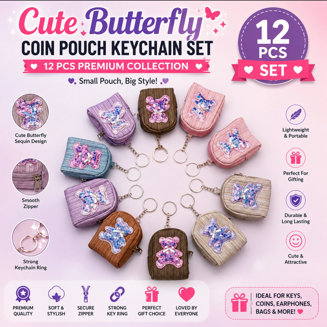 Coin Pouch Keychain – 12 Pcs Set
