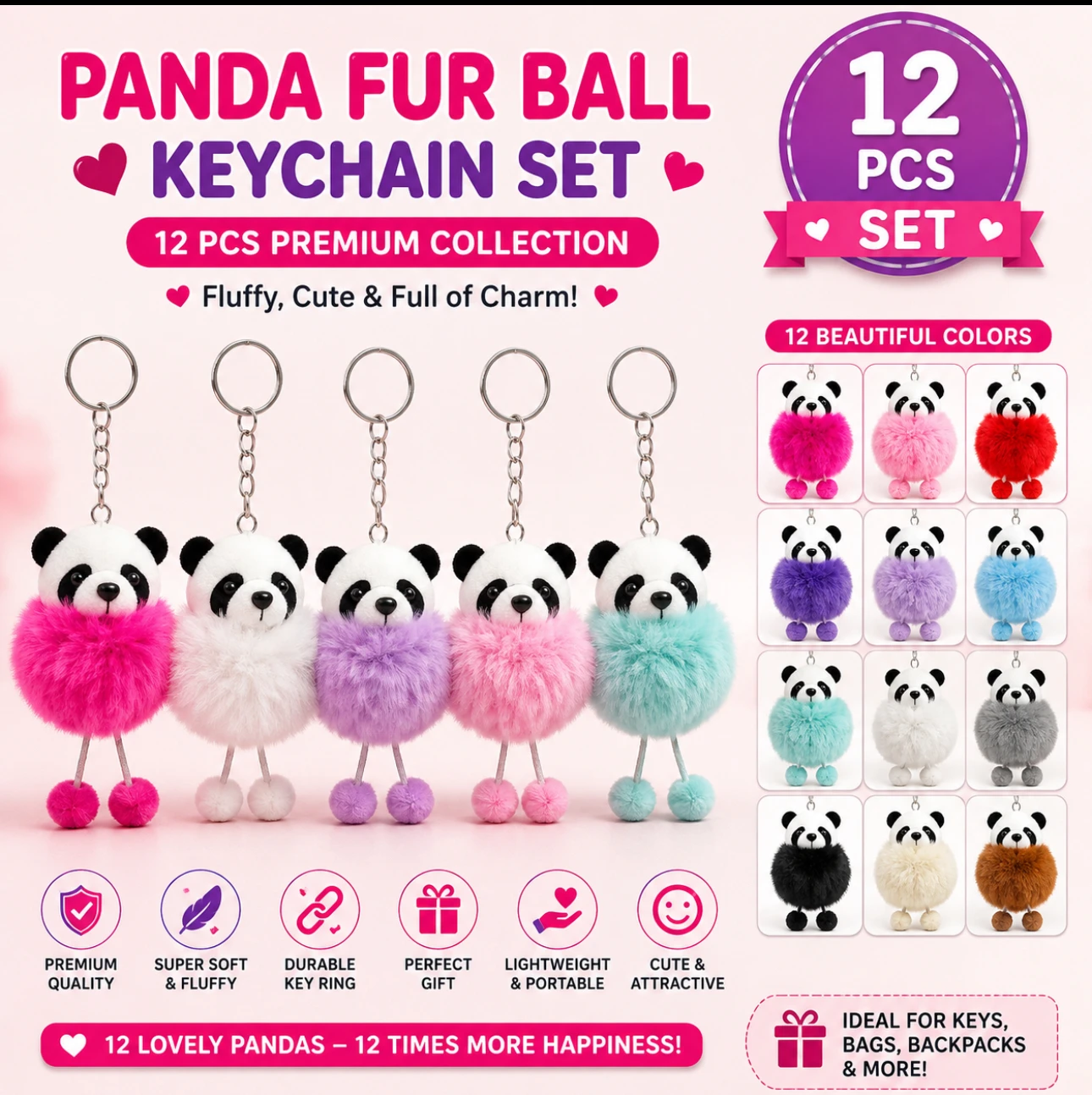 : 🐼 Panda Plush Pom-Pom Keychain – 12 Pcs Set
