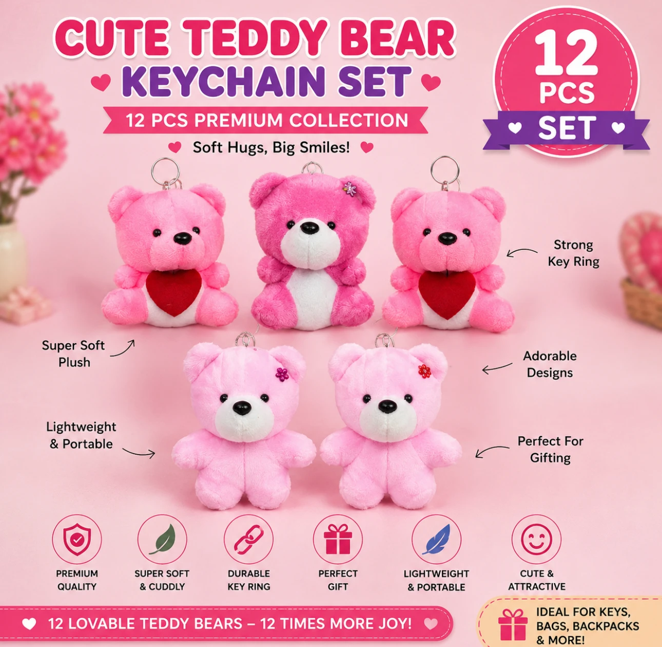 Cute Teddy Bear Plush Keychain Set – 12 PCS
