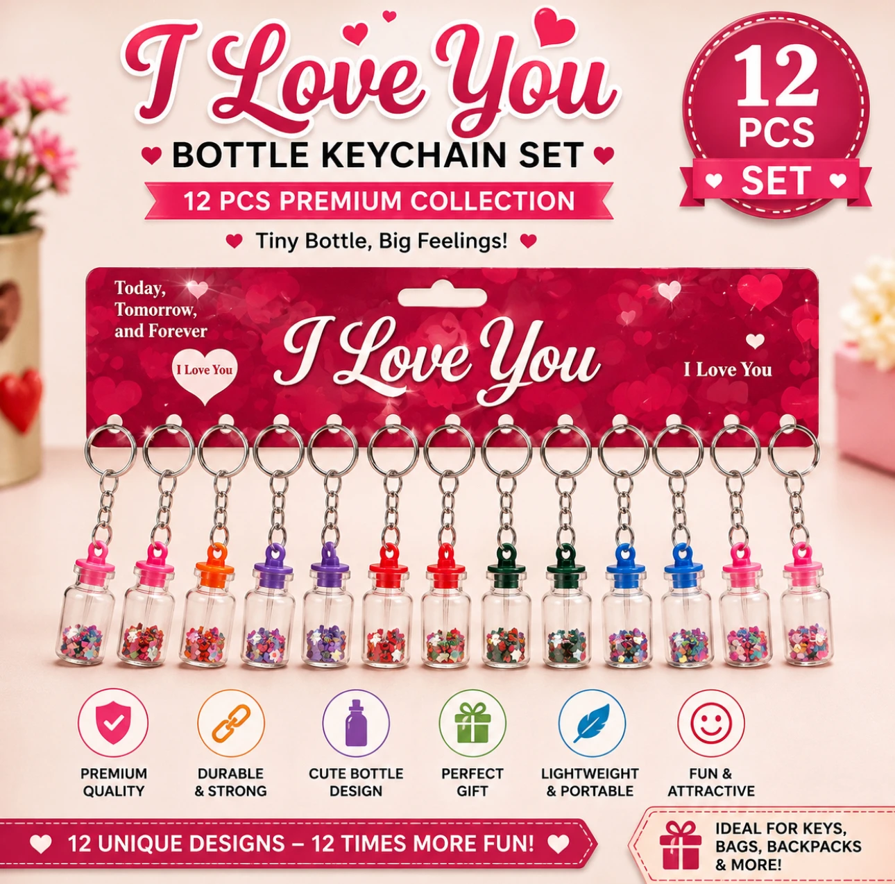 Mini Glitter Bottle Keychain Set – 12 Pcs