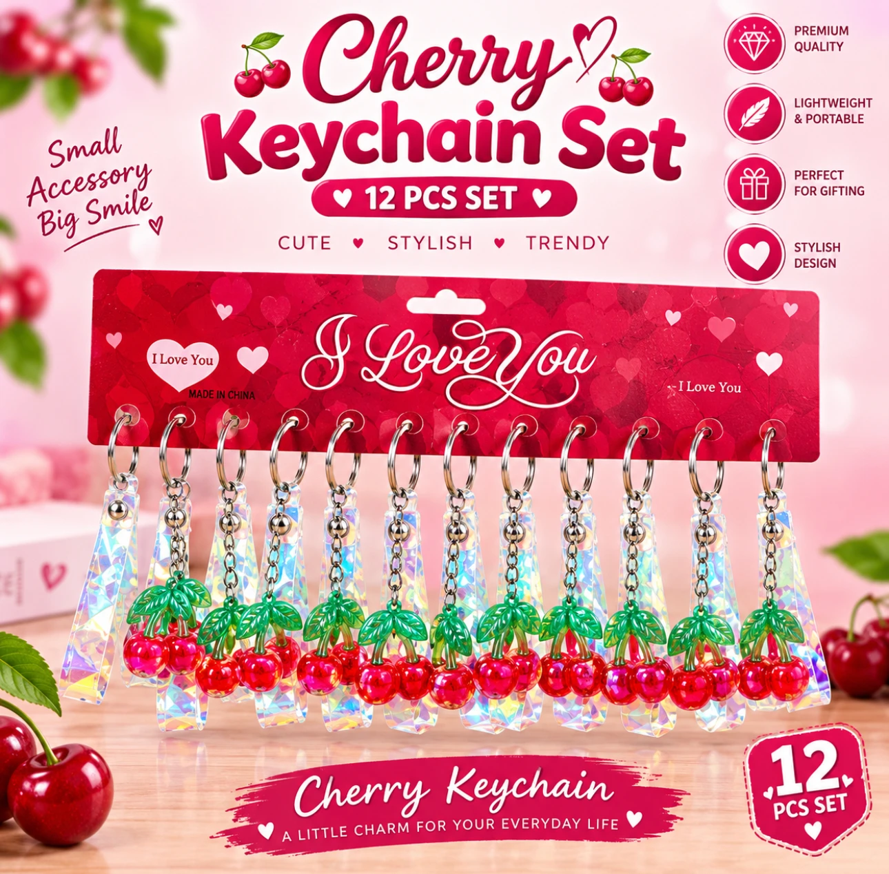 Trendy Cherry Charm Keychain – 12 Pcs Set