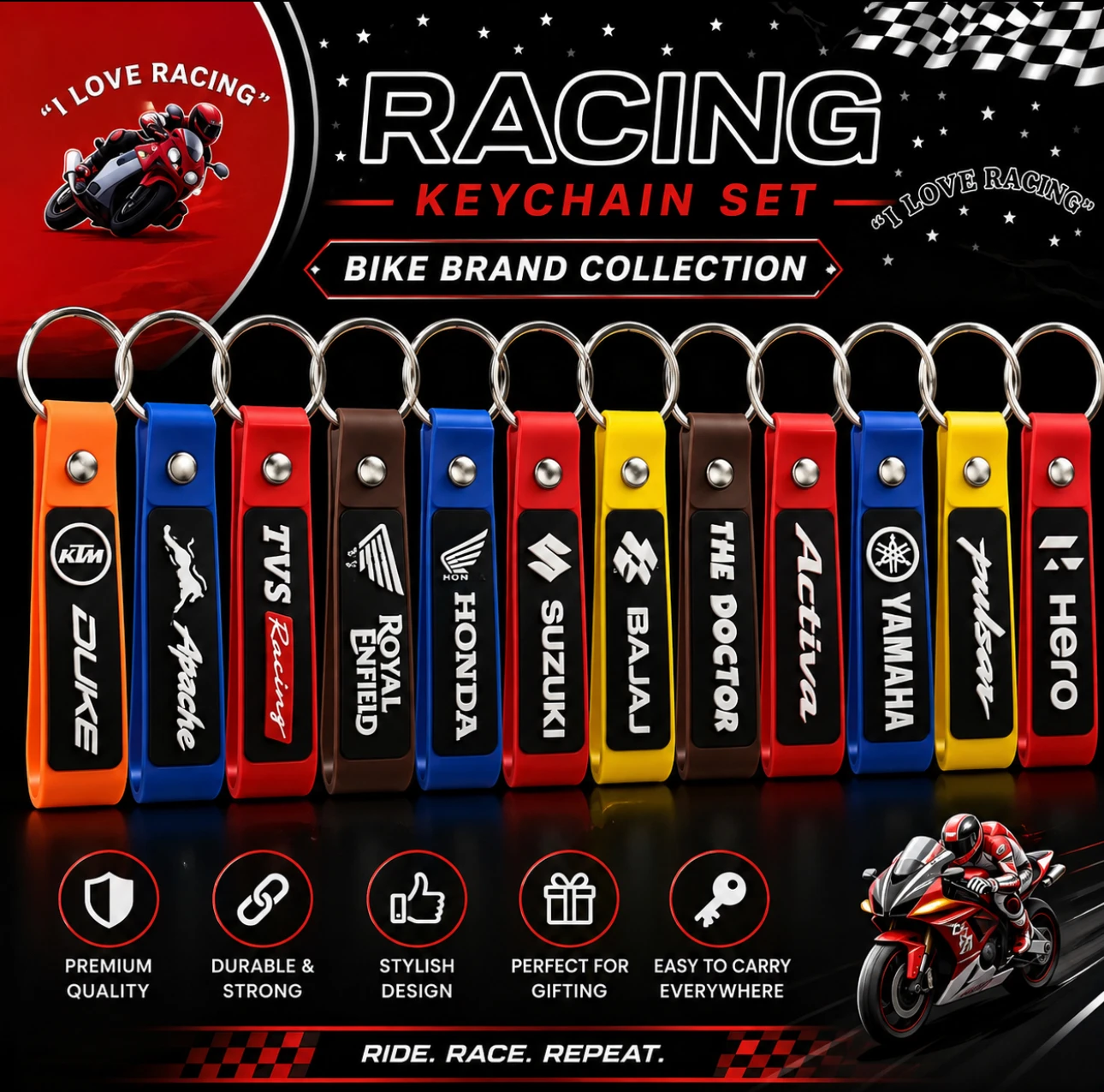 Racing Bike Brand Keychain Set – 12 Pcs.