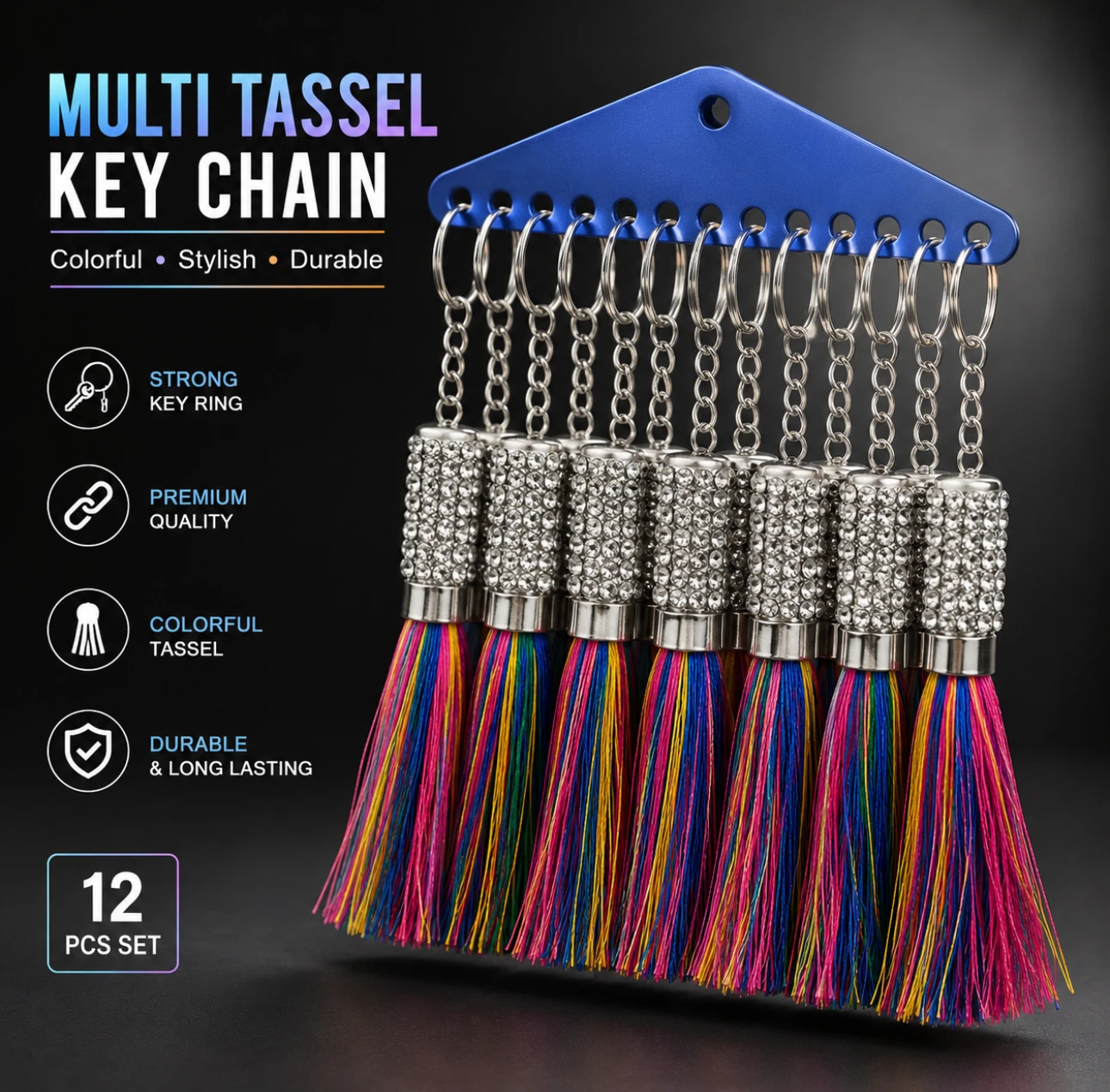 Multicolor Crystal Tassel Keychain – 12 PCS Set.