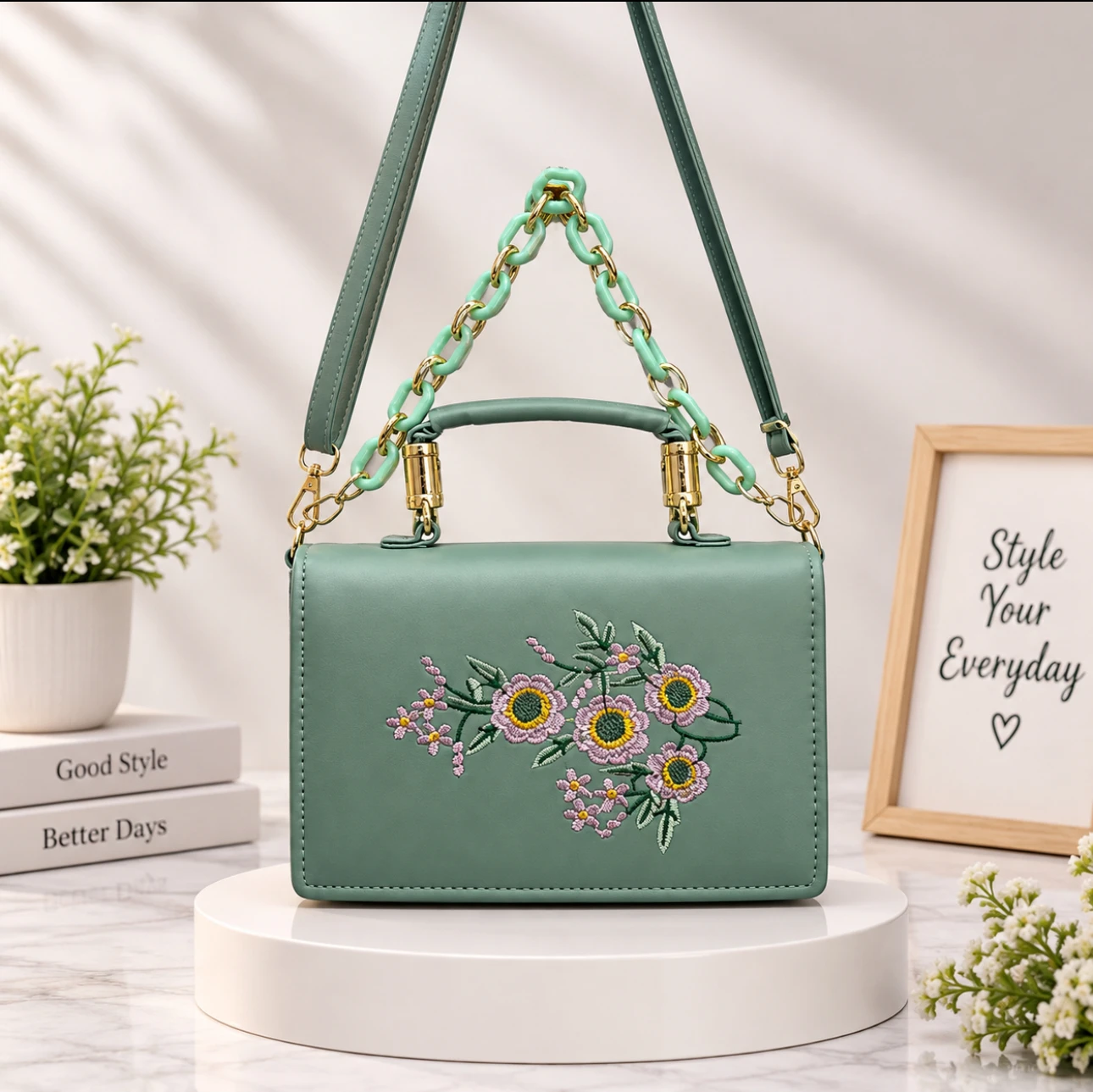 Floral Embroidered Chain Sling Bag